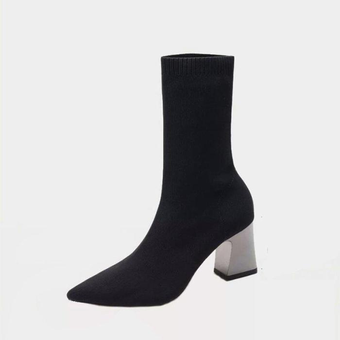 Flyknit Fabric Pointed Toe Dressing Shoes Women Mid-Calf Boots