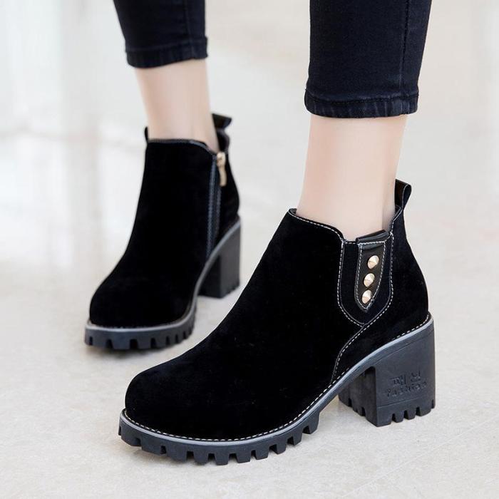 Women Spring Ankle Zipper Chunky Heel Suede Boots