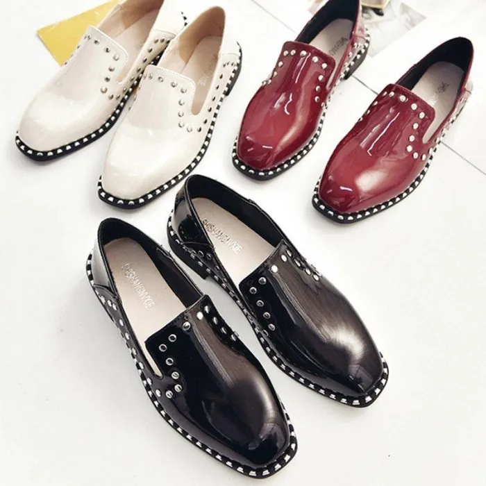 Women Patent leather Rivet Low Heel Loafers Casual Comfort Shoes