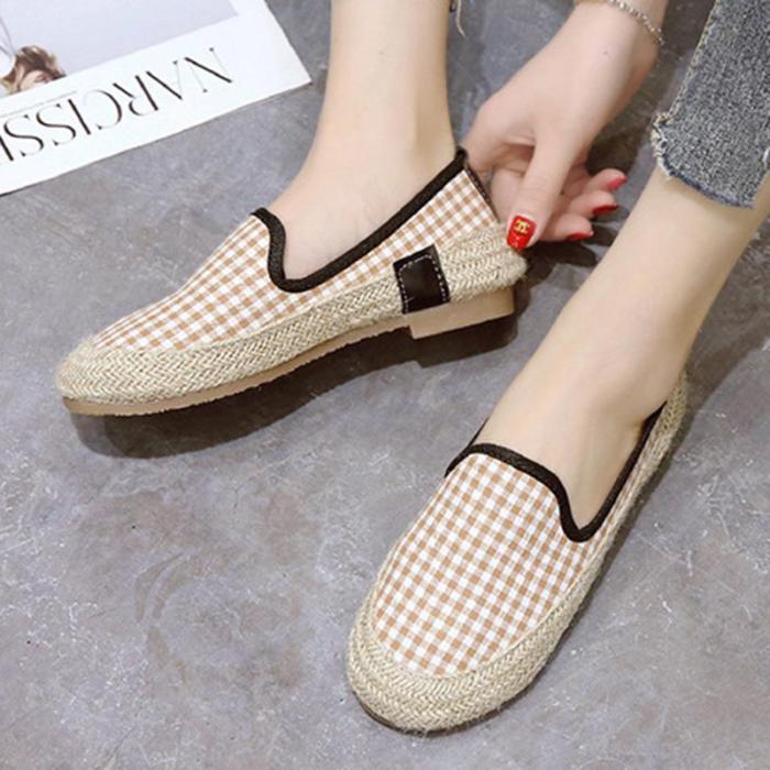 Women Canvas Loafers Casual Slip On Flat Plaid Shoes