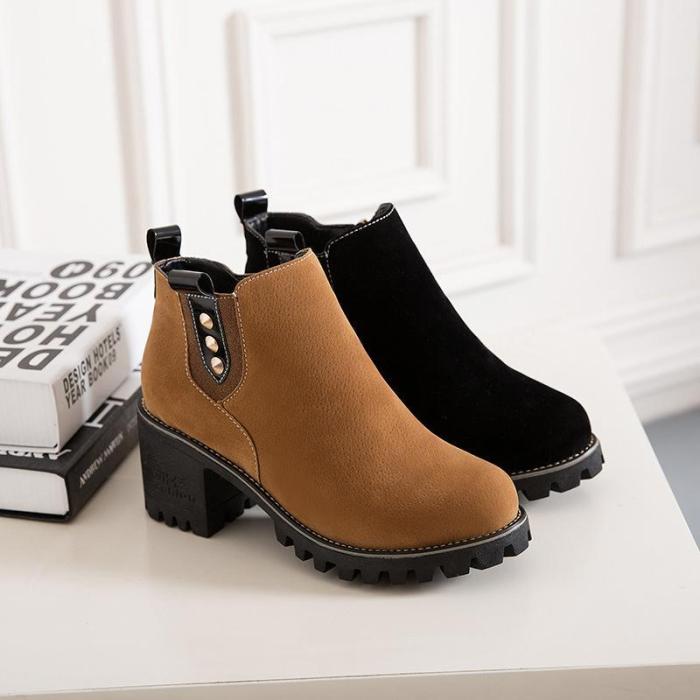 Women Spring Ankle Zipper Chunky Heel Suede Boots