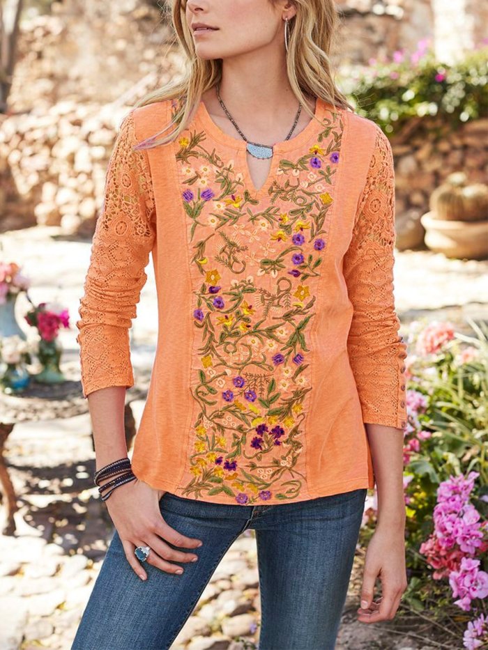 Cotton Guipure Casual Long Sleeve Shirts & Tops