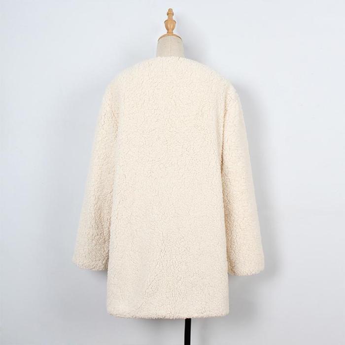 Plus Size Faux Fur Elegant Long Sleeve Pockets Coat