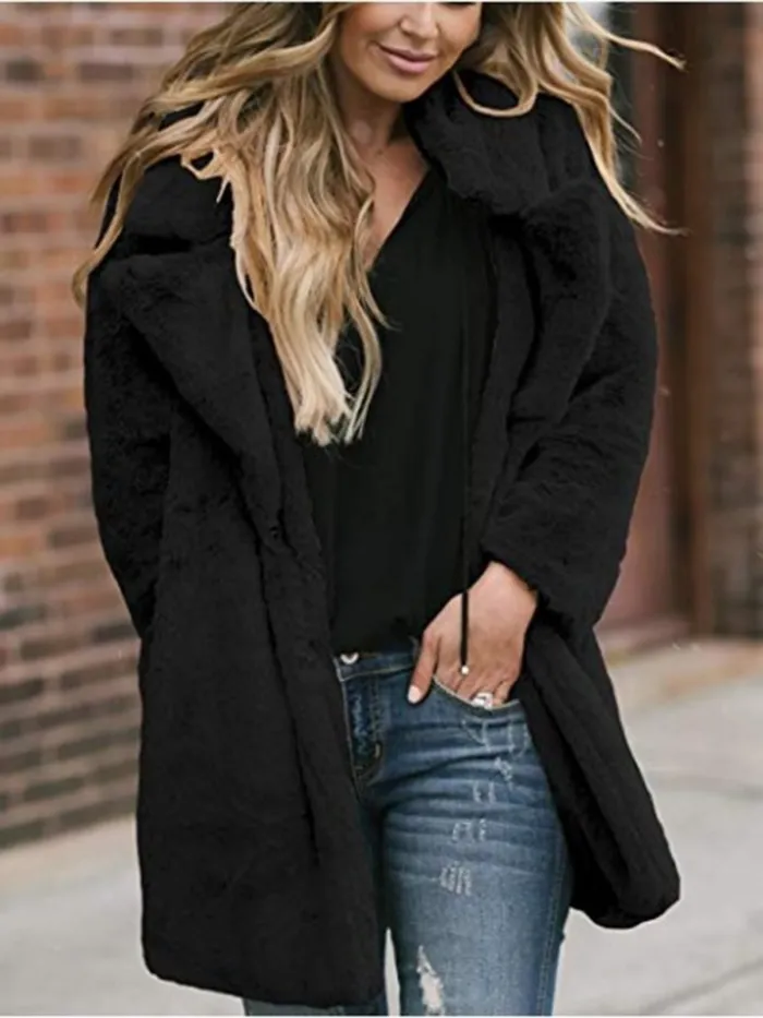 Winter Warm Fuzzy Lapel Collar Pocket Coat