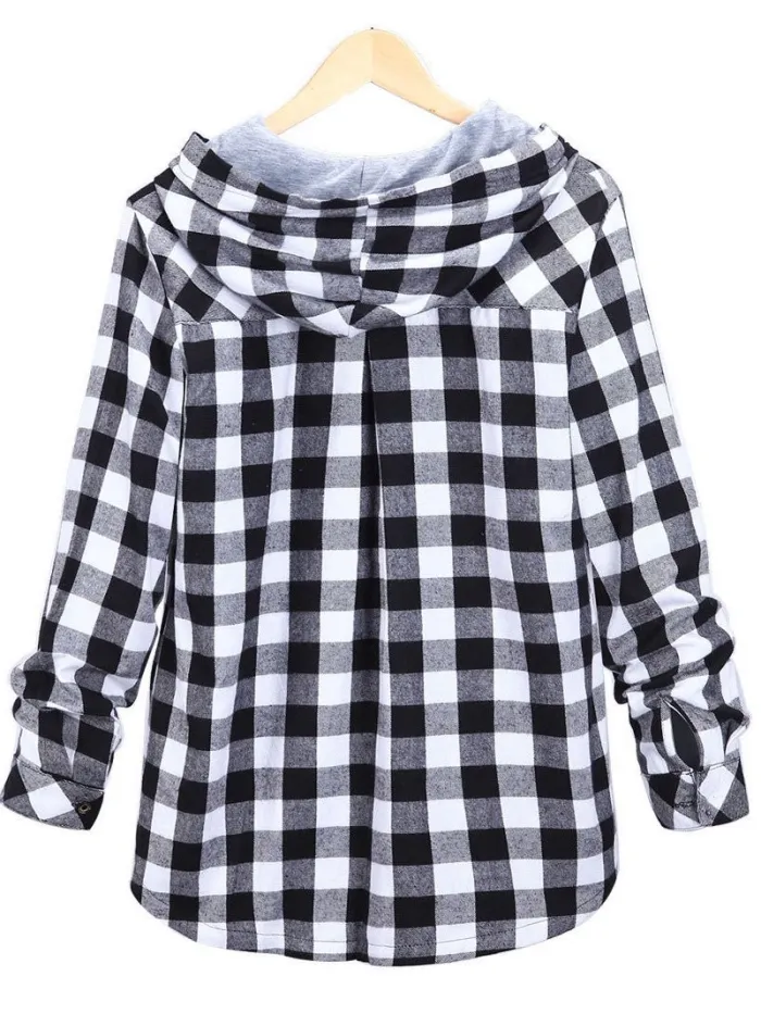 Casual Long Sleeve Hooded Plaid Plus Size Coat