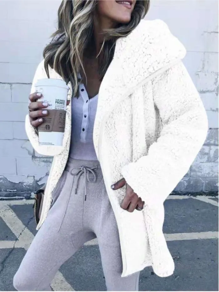 Women Hooded Sherpa Coat Shawl Collar Solid Teddy Bear Coats