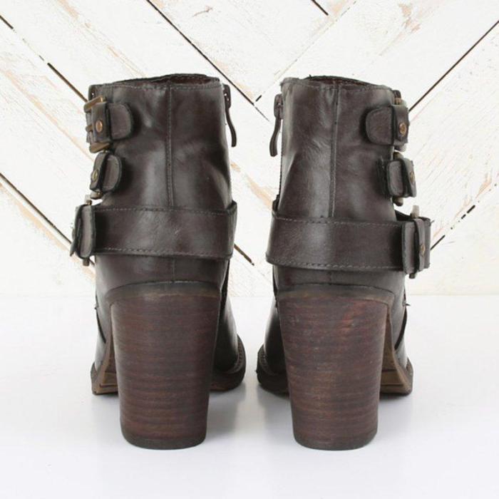 Artificial Leather Adjustable Buckle Chunky Heel All Season Boots