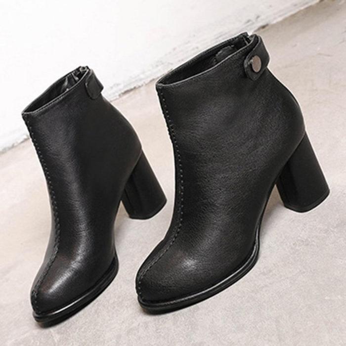 Women Winter Comfy Warm Lined Zipper Chunky High Heel Short Boots