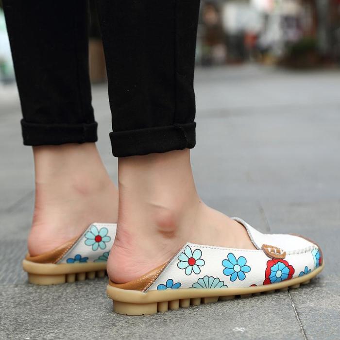 Large Size Floral Print Split Leather Casual Flats