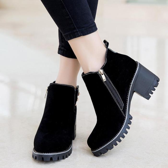 Women Spring Ankle Zipper Chunky Heel Suede Boots