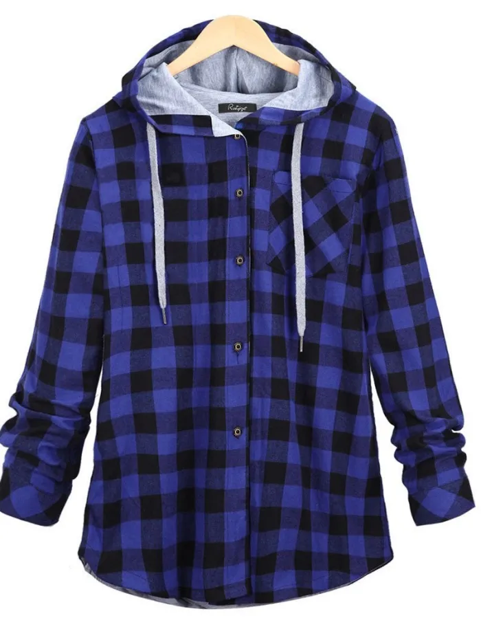 Casual Long Sleeve Hooded Plaid Plus Size Coat