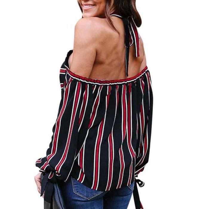 Striped Off-Shoulder Cross Tie Shirt