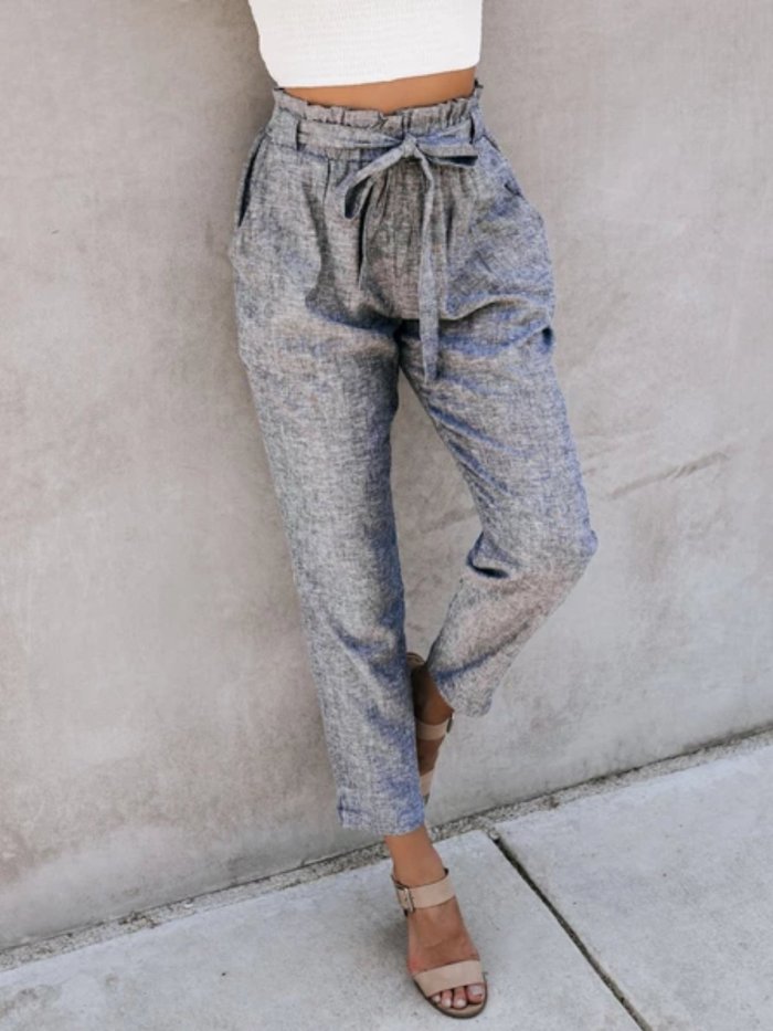 Smoke Gray Cotton-Blend Casual Solid Pants