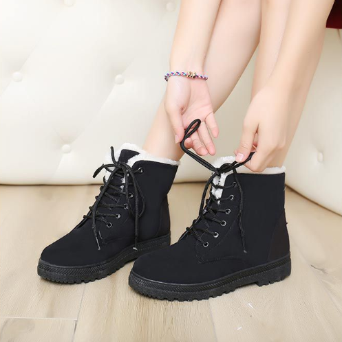 Solid Color Lace-up Winter Daily Flat Heel Suede Boots Snow Cotton Booties