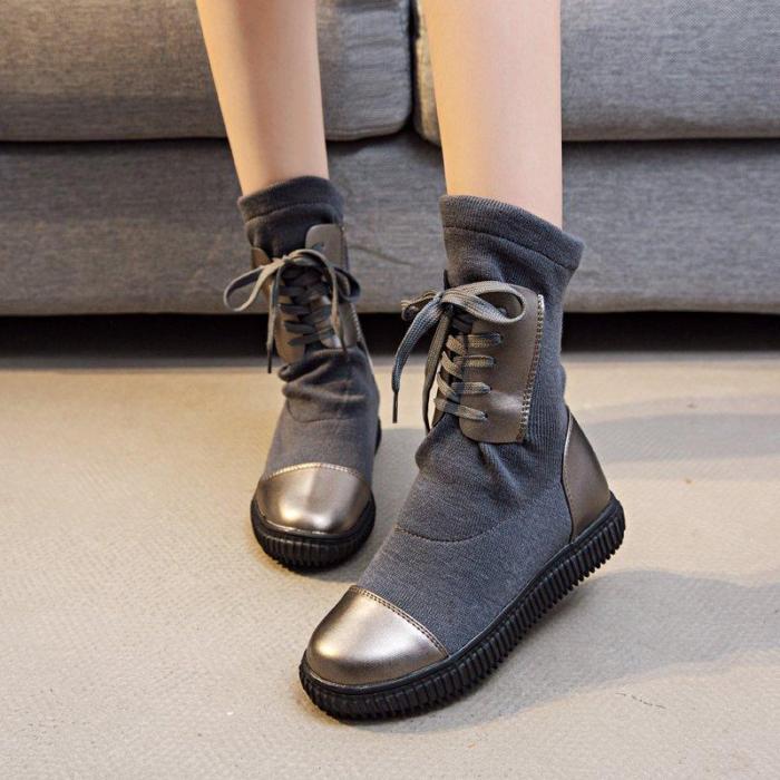 Black Spring/Fall Lace-up Daily Platform Flyknit Fabric Boots