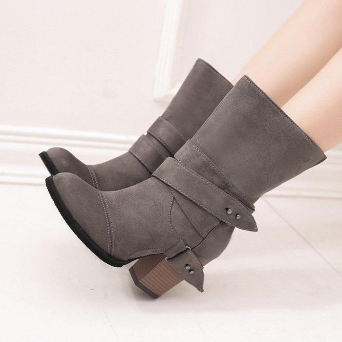 Women Comfy Suede Mid-Calf Chunky Heel Slip-On Boots