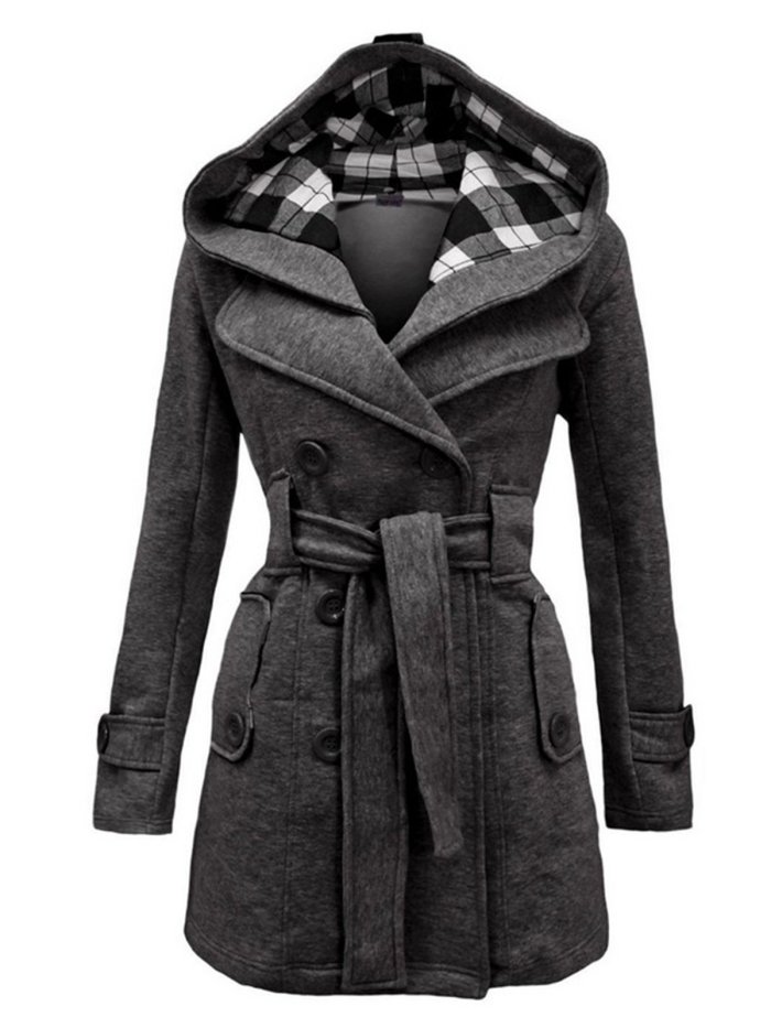 Women Double Breasted Slim Hoodie Solid Casual Long Pea Coat with Belt
