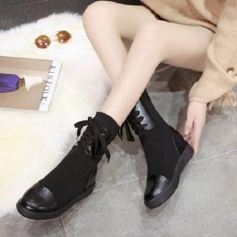 Black Spring/Fall Lace-up Daily Platform Flyknit Fabric Boots