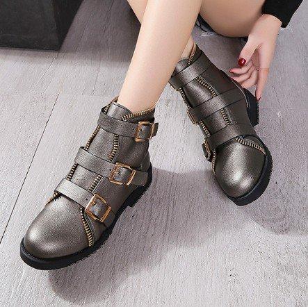 Gunmetal Zipper Daily Adjustable Buckle Spring/Fall Chunky Heel Boot