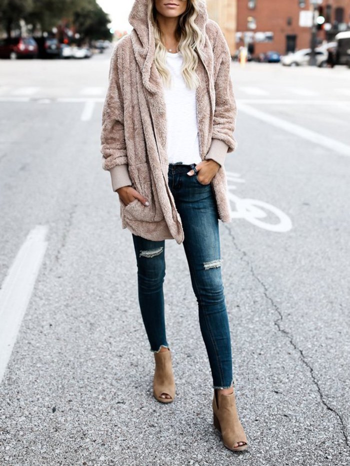 Hoodie Casual Batwing Reversible Shift Fluffy Coat