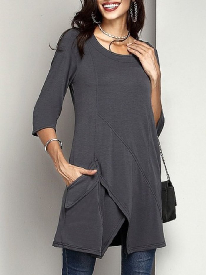 Crew Neck Cotton Casual Solid Pockets T-Shirts