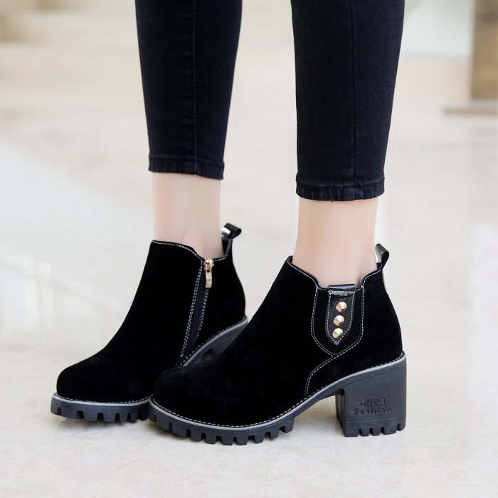Women Spring Ankle Zipper Chunky Heel Suede Boots