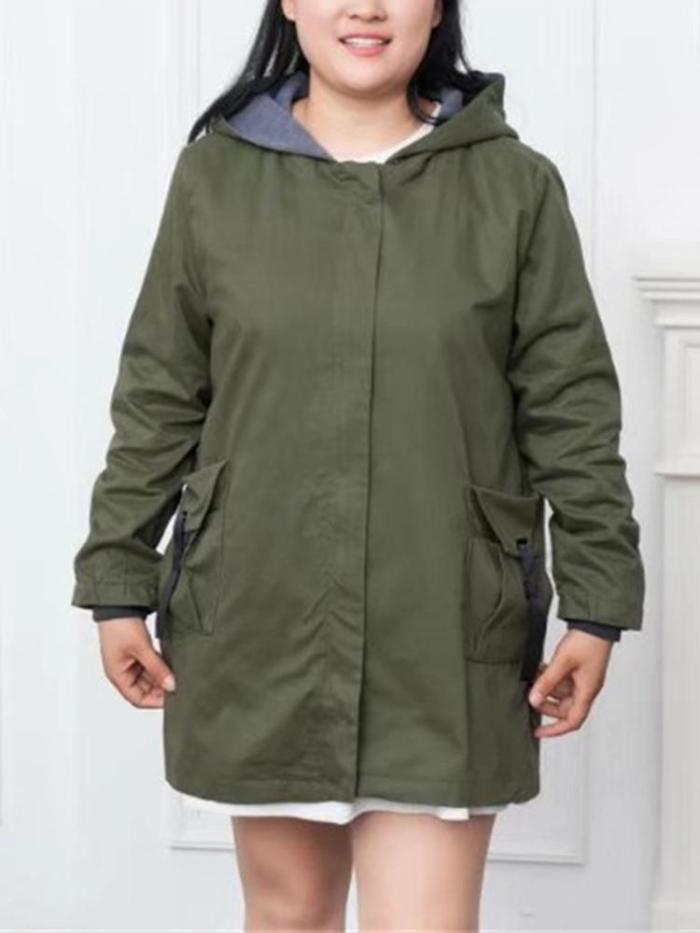 Casual Women Pockets Hooded Trench Appliqued Long Sleeve Hoodie Coat