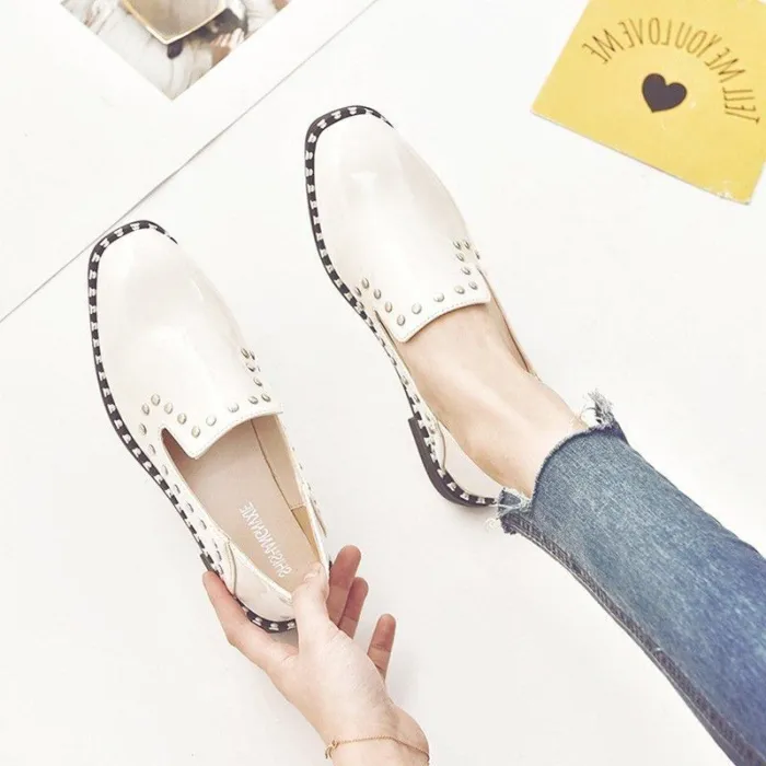 Women Patent leather Rivet Low Heel Loafers Casual Comfort Shoes