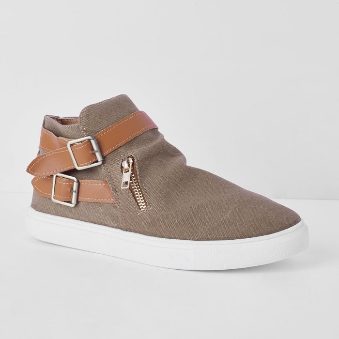 Plus Size Canvas Ankle Boots Flat Heel Buckle Booties with Zipper