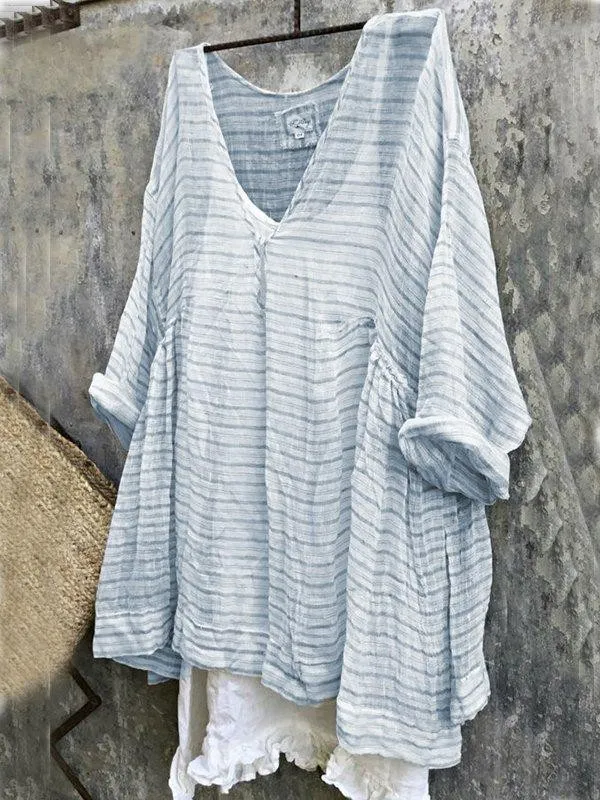 Casual 3/4 Sleeve V Neck Striped Bat Sleeve Tops