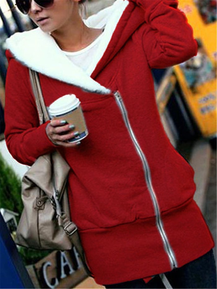 Women Pockets Casual Solid Hoodie Coats Jacket