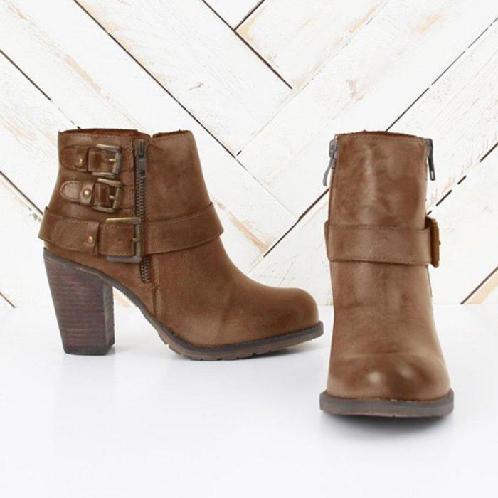 Artificial Leather Adjustable Buckle Chunky Heel All Season Boots