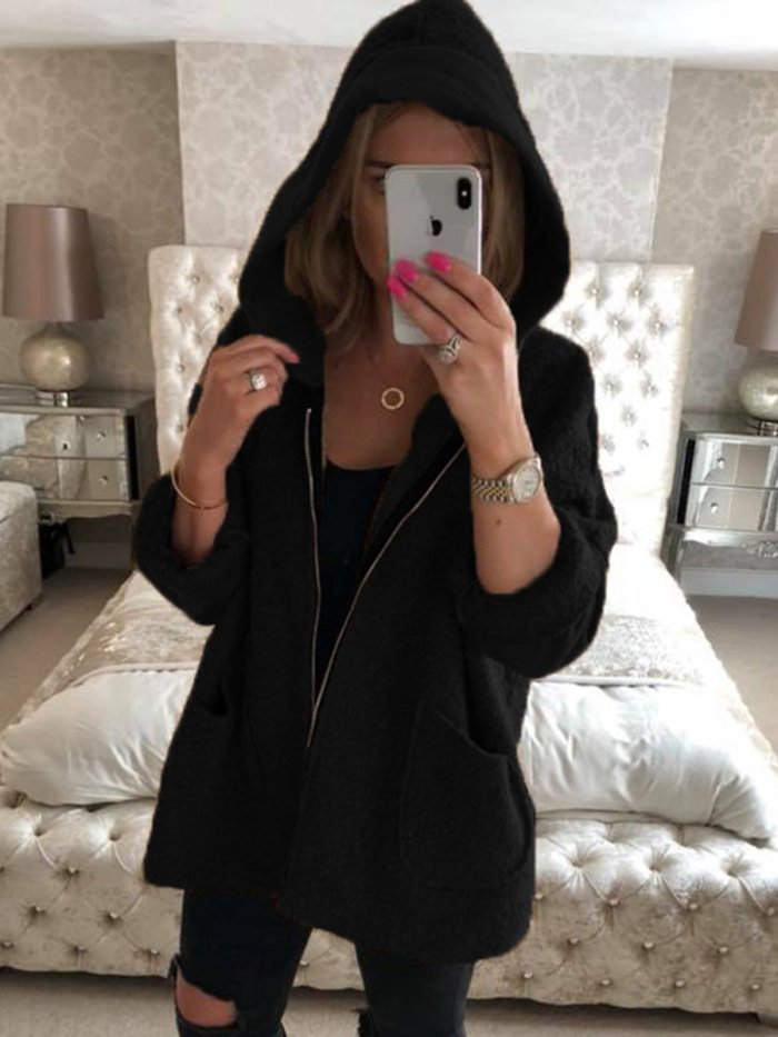 Solid Casual Hooded Zipper Coat