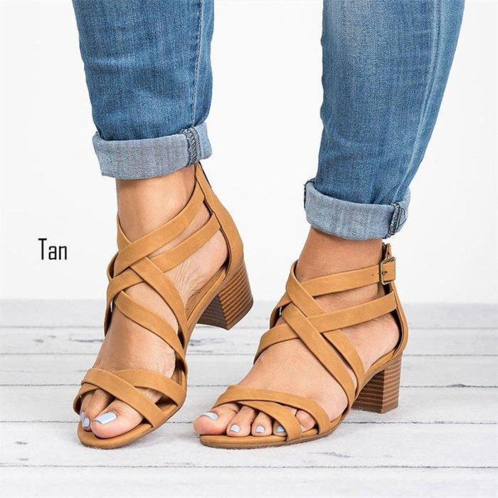 Women Fashion Criss Cross Strap Block Heel Casual Sandals