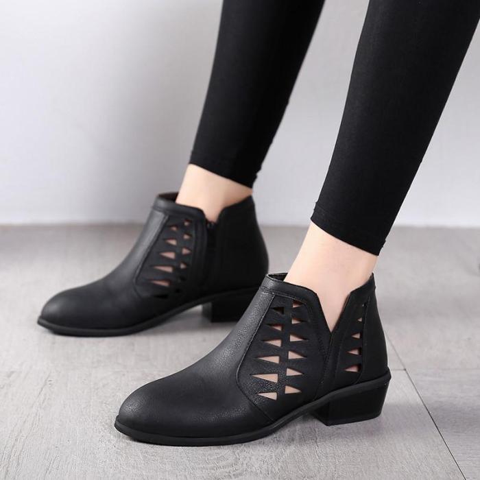 Women Spring Low Heel Booties Hollow-out Zipper Daily Shoes