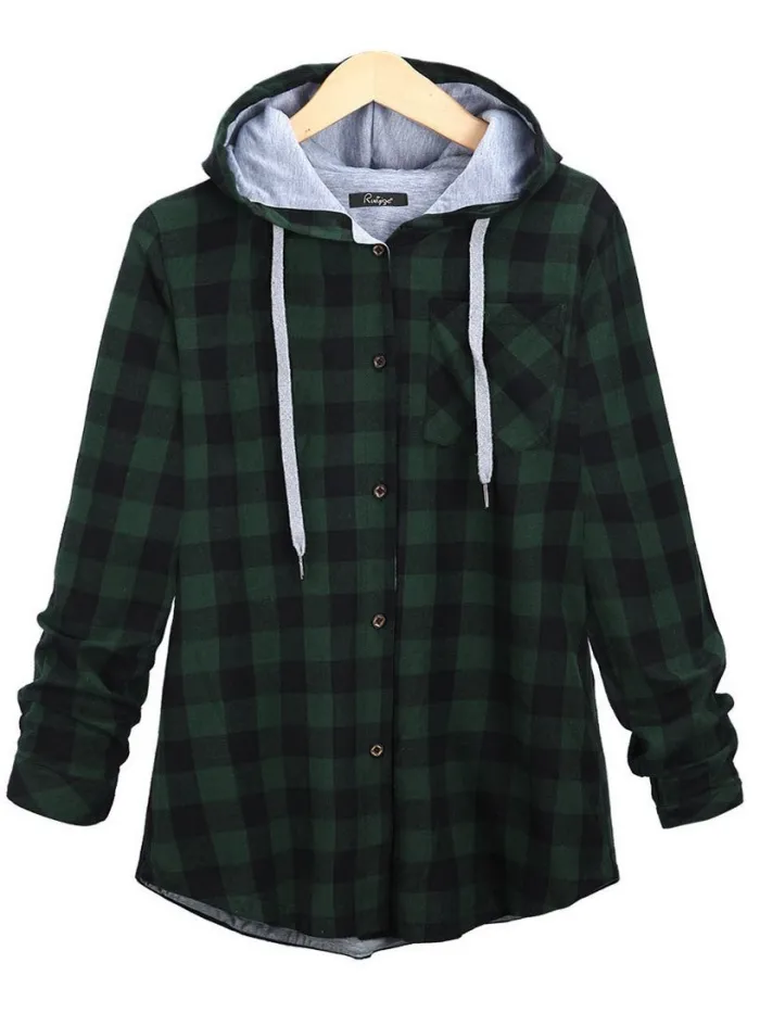 Casual Long Sleeve Hooded Plaid Plus Size Coat
