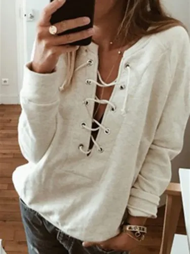 2019 Womens Fall/Autumn Sweatshirts Plain Casual Eyelet V Neck