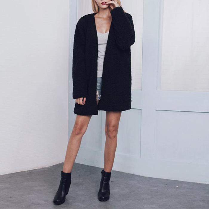 Plus Size Faux Fur Elegant Long Sleeve Pockets Coat