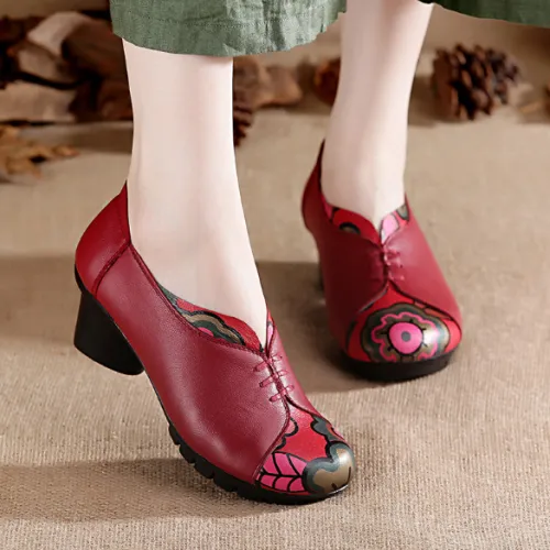 Handmade Chunky Heel Color Block Casual Genuine Leather Loafer