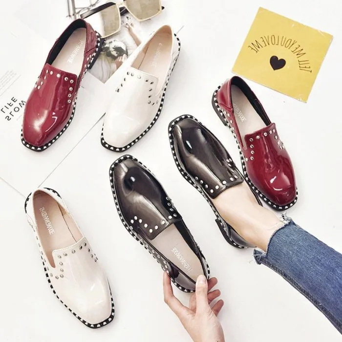 Women Patent leather Rivet Low Heel Loafers Casual Comfort Shoes