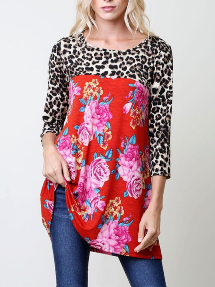 Leopard-Print Cotton-Blend Floral Long Sleeve T-Shirts