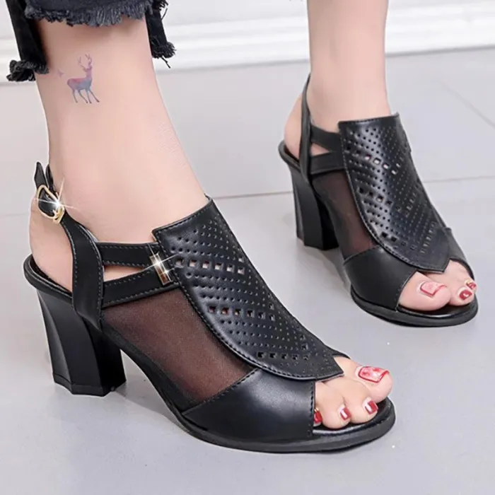 Womens PU Buckle Casual Chunky Heel Sandals