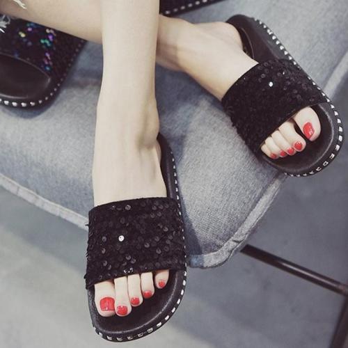 Women PU Slippers Casual Comfort Sequin Peep Toe Shoes