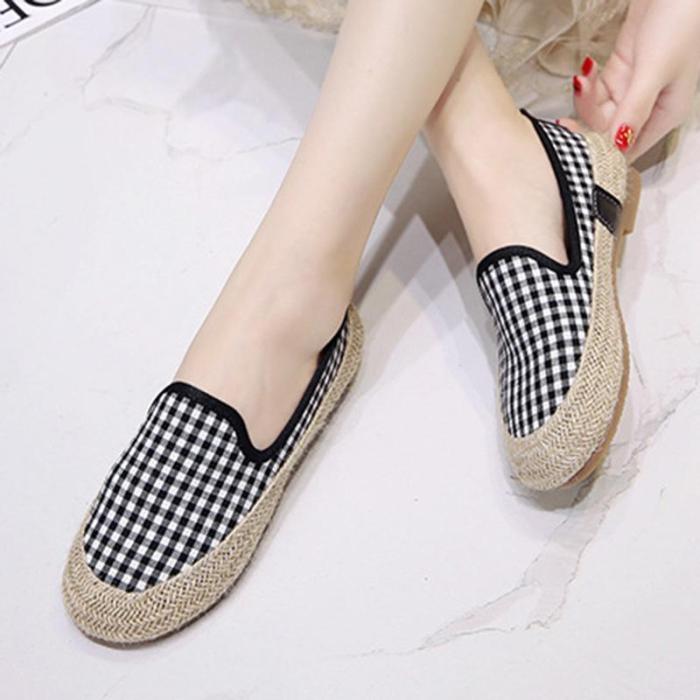 Women Canvas Loafers Casual Slip On Flat Plaid Shoes