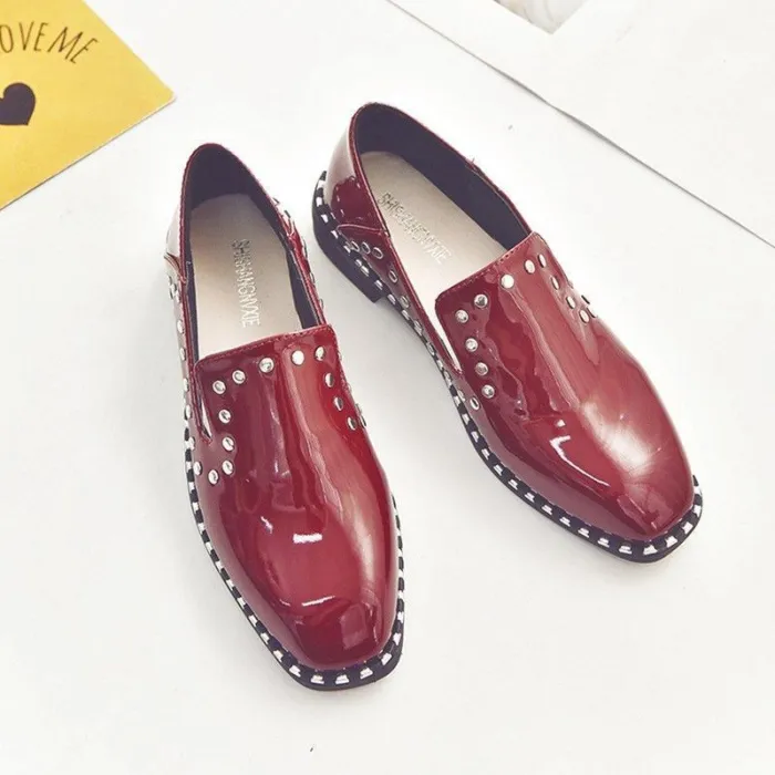 Women Patent leather Rivet Low Heel Loafers Casual Comfort Shoes