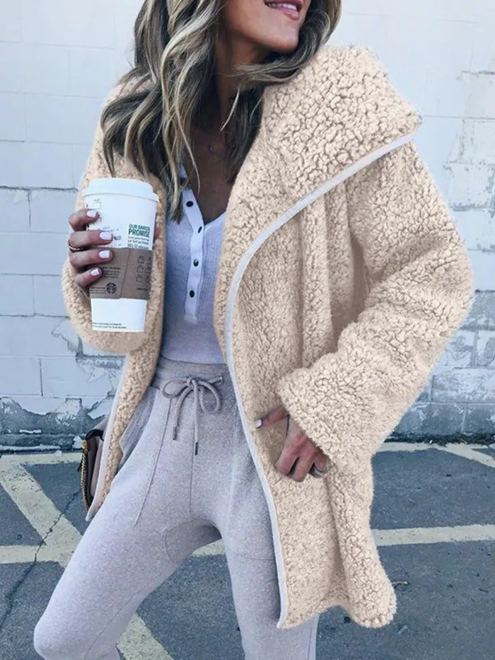 Women Hooded Sherpa Coat Shawl Collar Solid Teddy Bear Coats