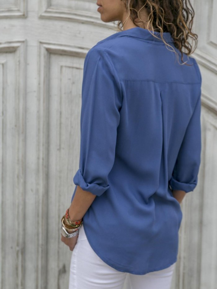 Casual Buttoned Long Sleeve Solid V-Neck Blouse