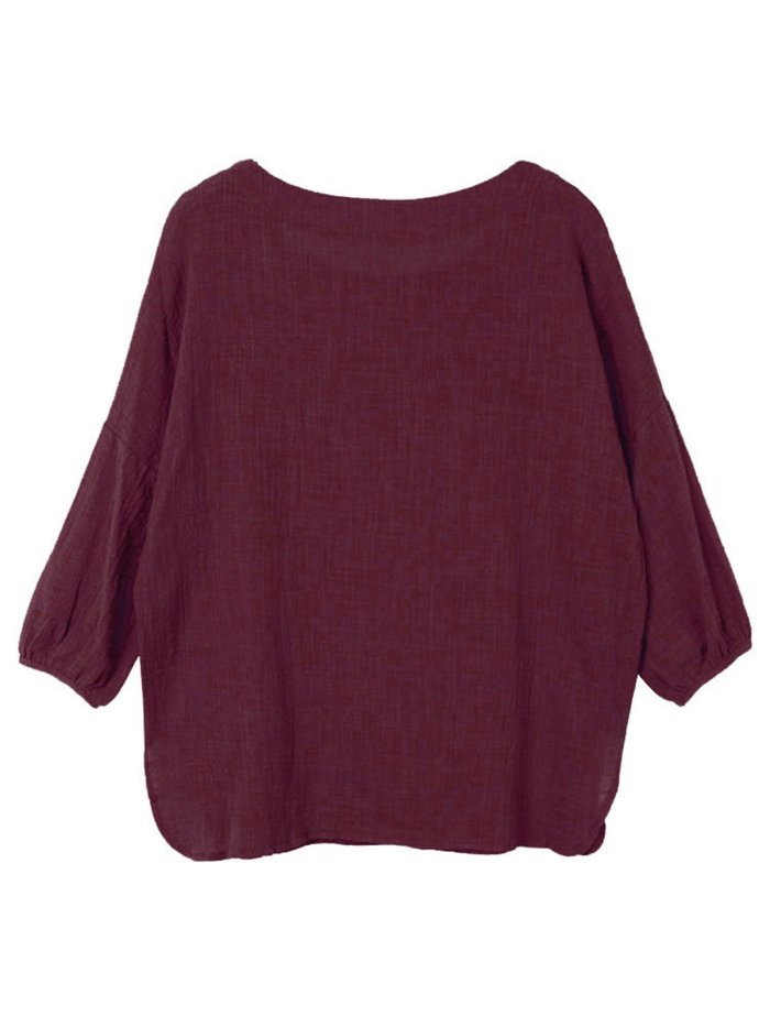 Long Sleeve Casual Pockets Crew Neck Linen Blouse