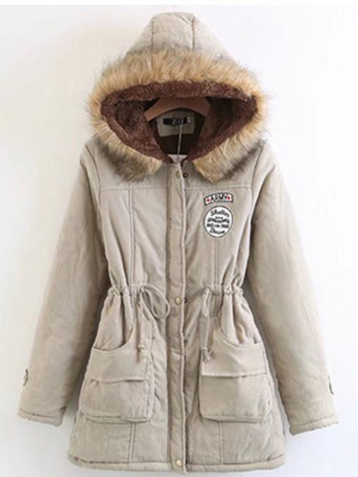 Khaki Solid Pockets Hoodie Casual Quilted Coat