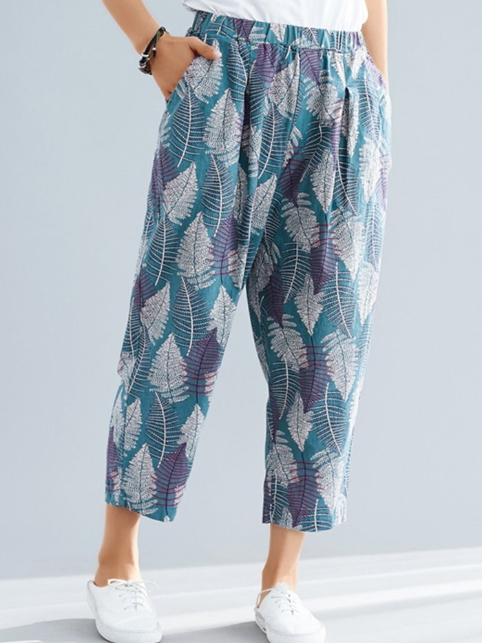 Plus Size Women Floral Casual Pants